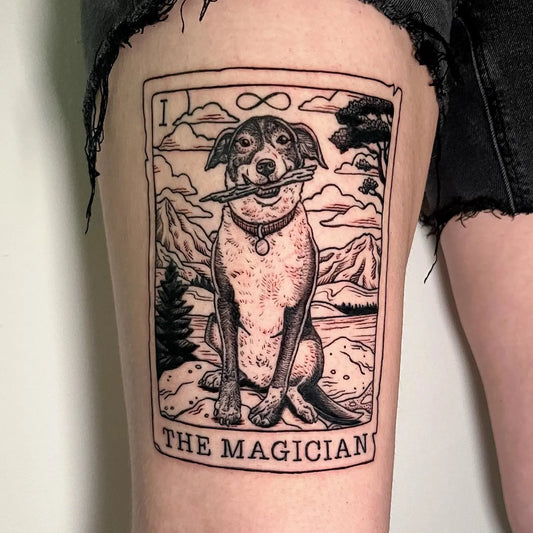 dog portrait the magician card thigh tattoo