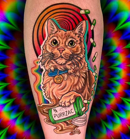 new school cat portrait and pills tattoo