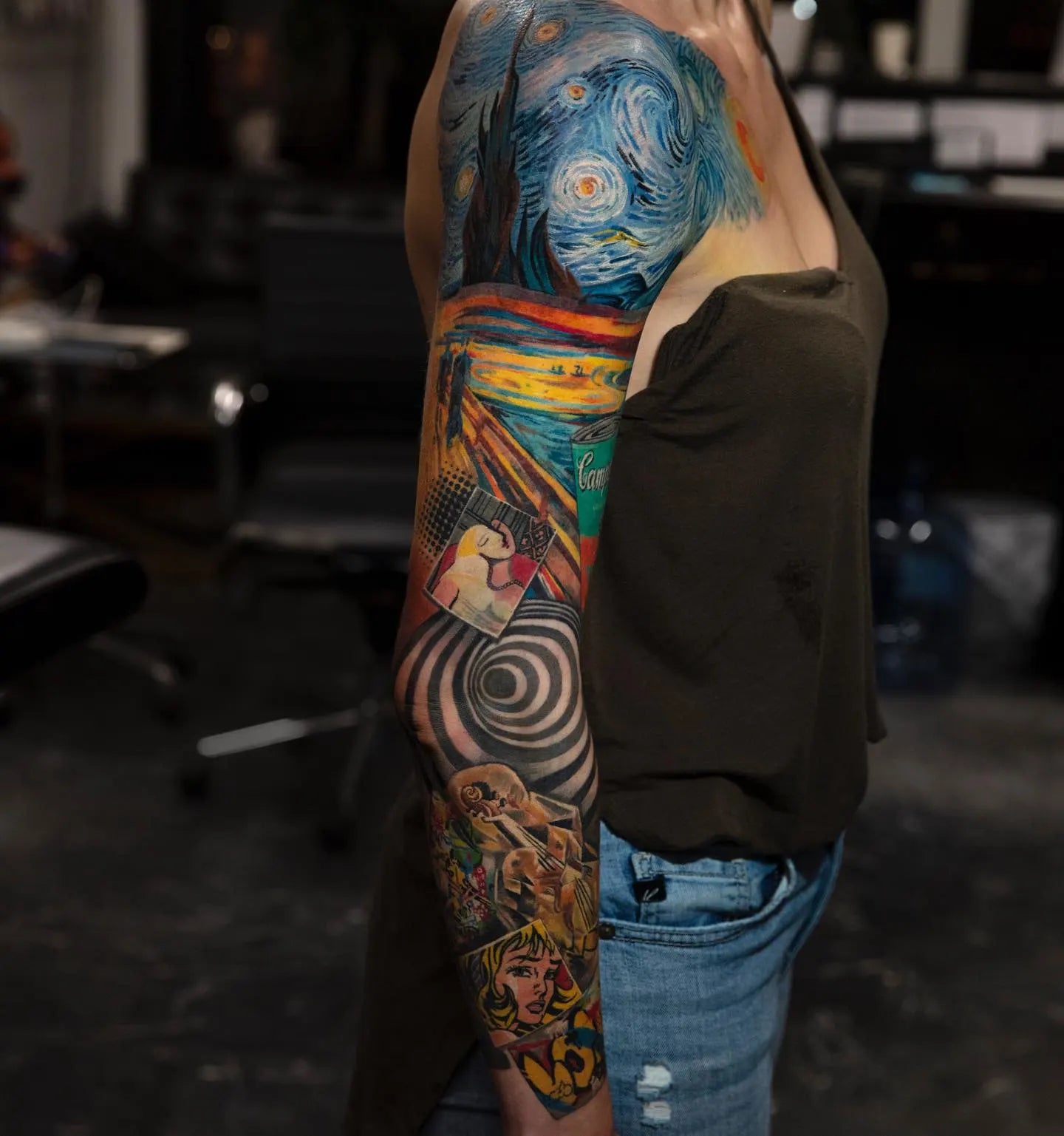 abstract color realism van gogh starry sky tattoo full arm sleeve