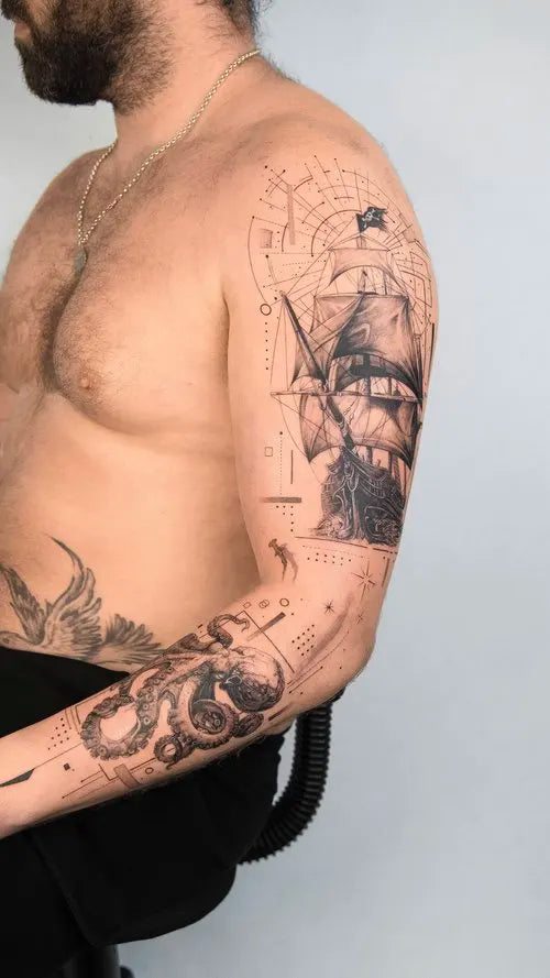 geometric pirate ship octopus tattoo