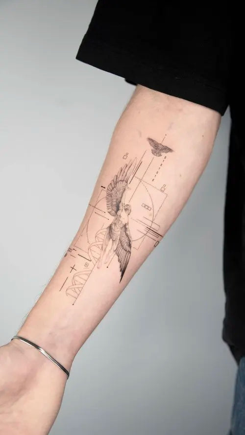 geometric greek angel inner arm tattoo