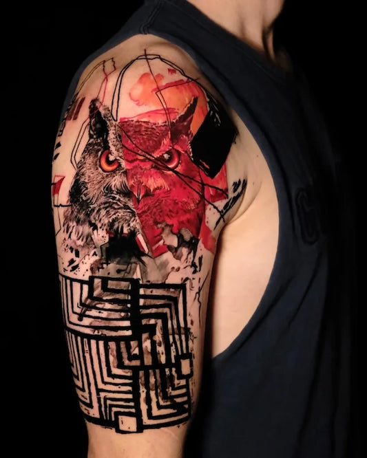 trash polka owl half sleeve tattoo