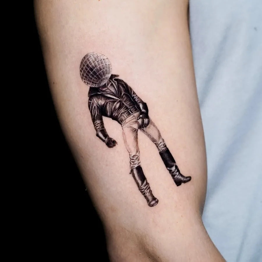 abstract man with disco mirror ball head realistic tattoo