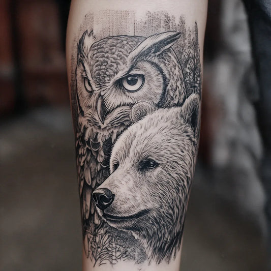 Owl And Bear Tattoo
