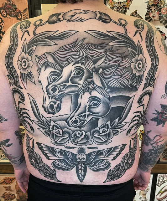 traditional black and grey horses moth snake scorpion tattoos full back