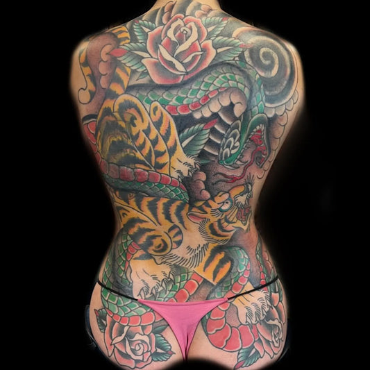 traditional tiger rose snake woman full back tattoo
