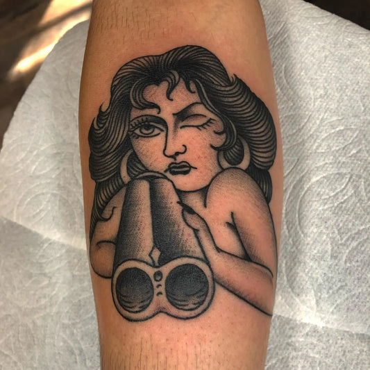 traditional woman holding gun tattoo