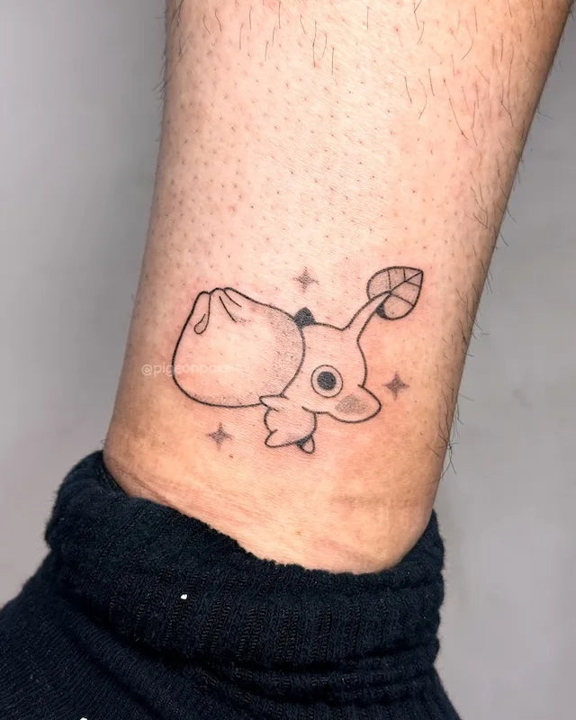 cute hand poke minimalist yellow pikmin carry food outline tattoo