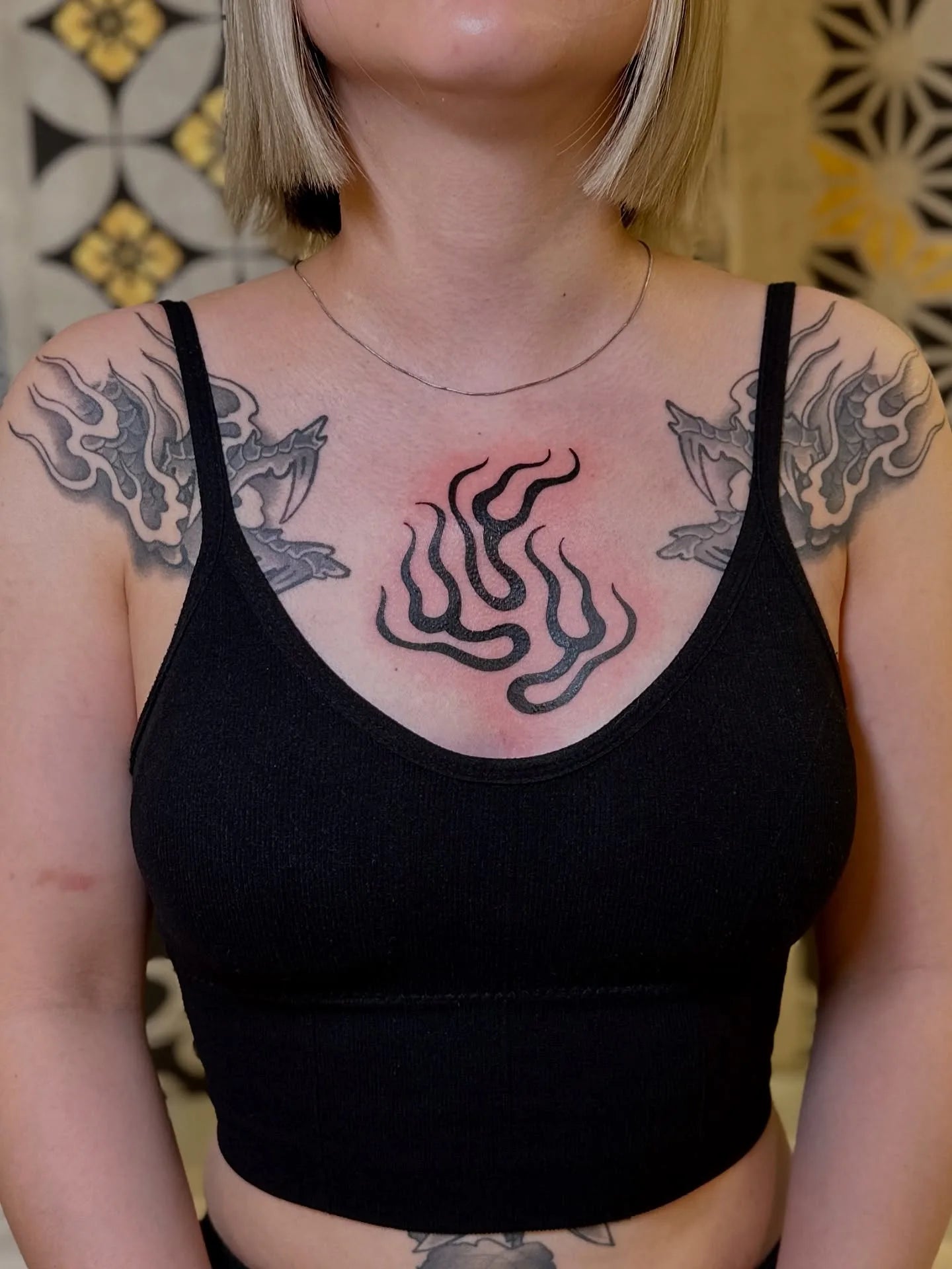 blackwork japanese cloud wave fire abstract pattern on woman chest
