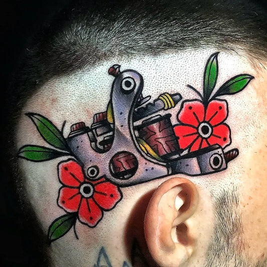 american traditional coil machine tattoo on man head