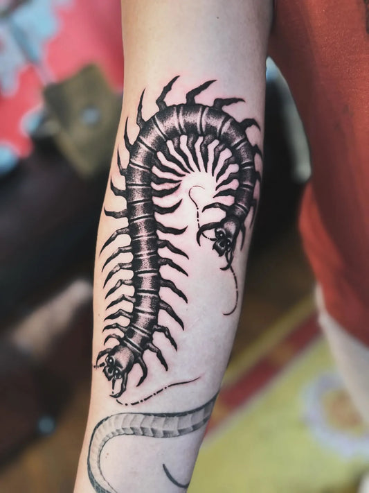 Black tattoo of a centipede on woman forearm