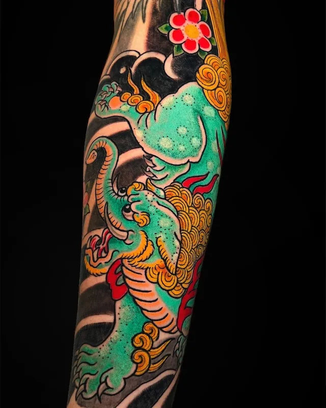 japanese green dragon tattoo arm sleeve