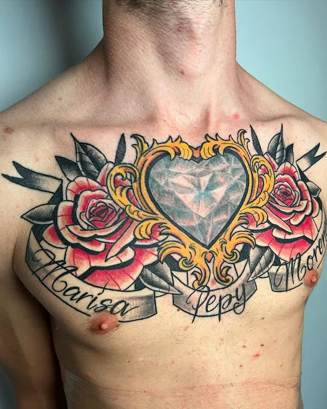 traditional roses and heart diamond tattoo on man chest
