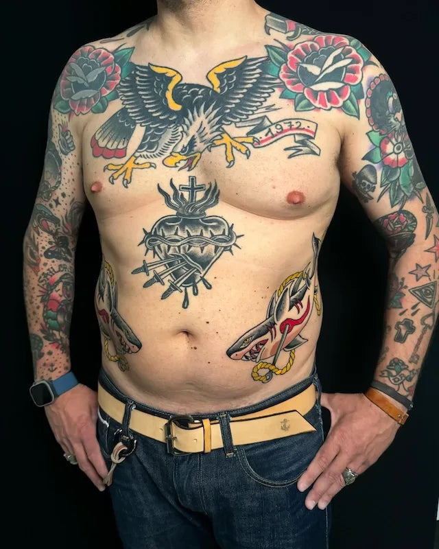 traditional heart eagle shark and flowers patchwork tattoo on man body