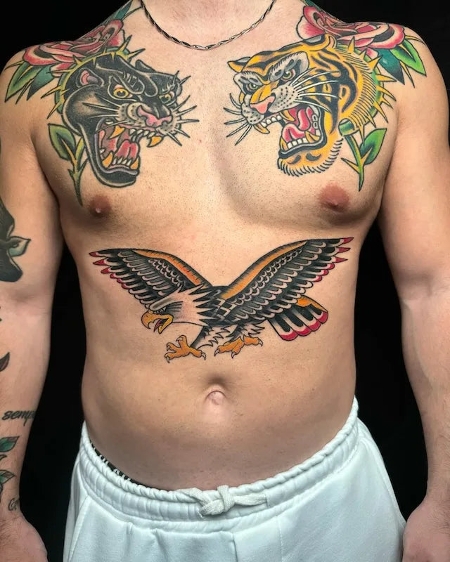tiger panther and ealge american traditional tattoo on man body