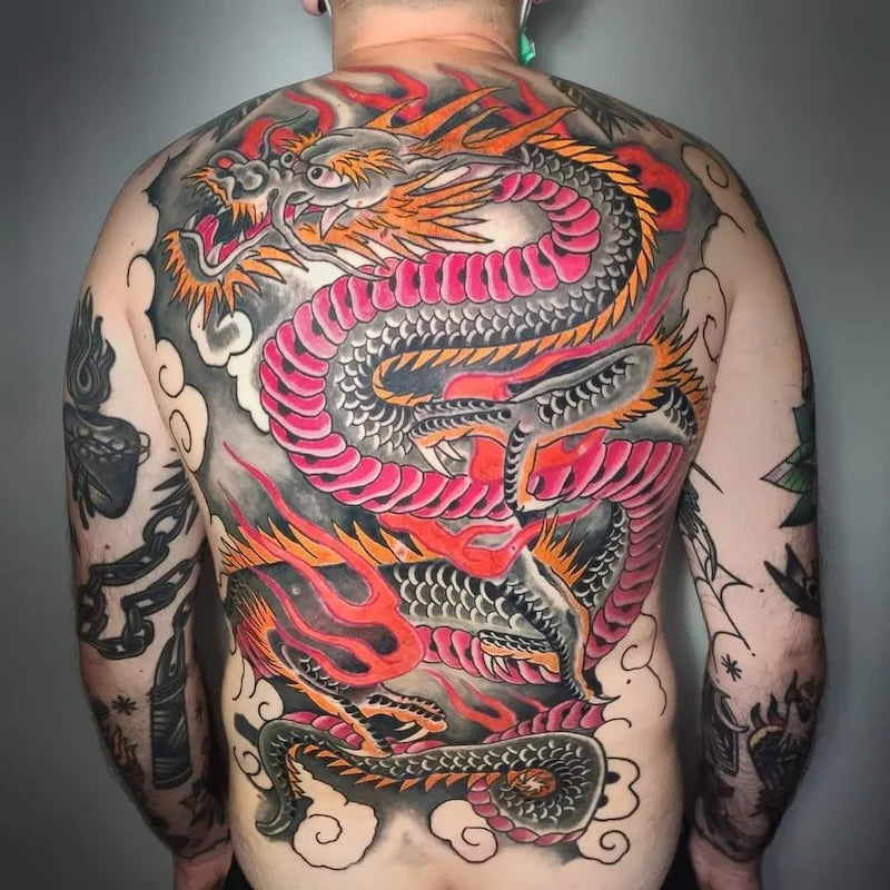japanese dragon tattoo on man full back piece