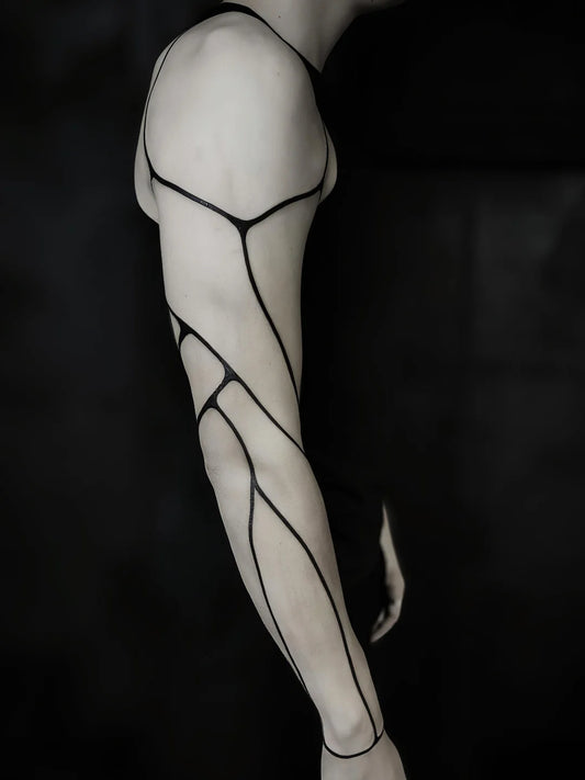 blackwork black abstract line tattoo on full arm