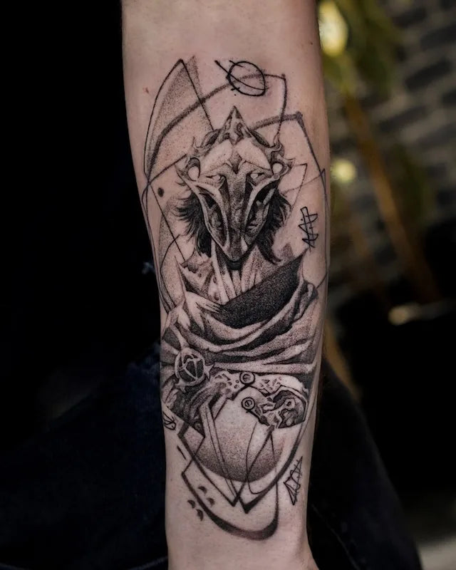 black and grey league of legends arcane viktor portrait tattoo on forearm