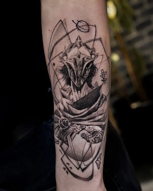 black and grey league of legends arcane viktor portrait tattoo on forearm