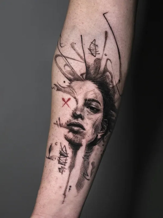 abstract woman half face dotwork black and grey realism tattoo on forearm