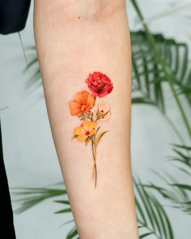 colorful realistic flowers tattoo on forearm