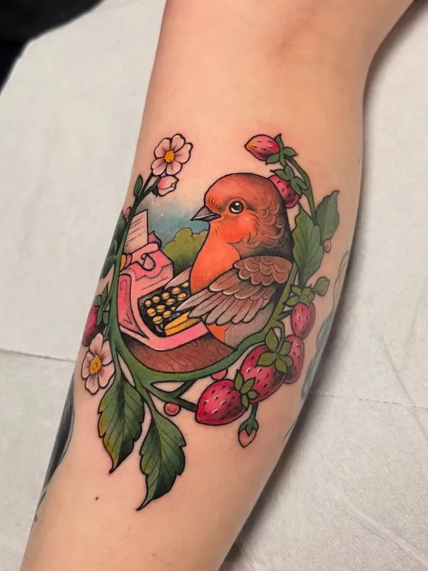 colorful bird with flowers and typewriter tattoo