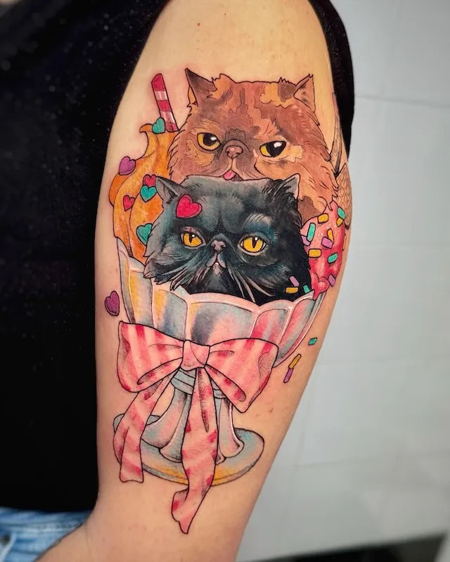 colorful black cat and orange cat on ice-cream cup tattoo