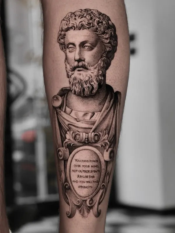 black and grey realism Marcus Aurelius tattoo