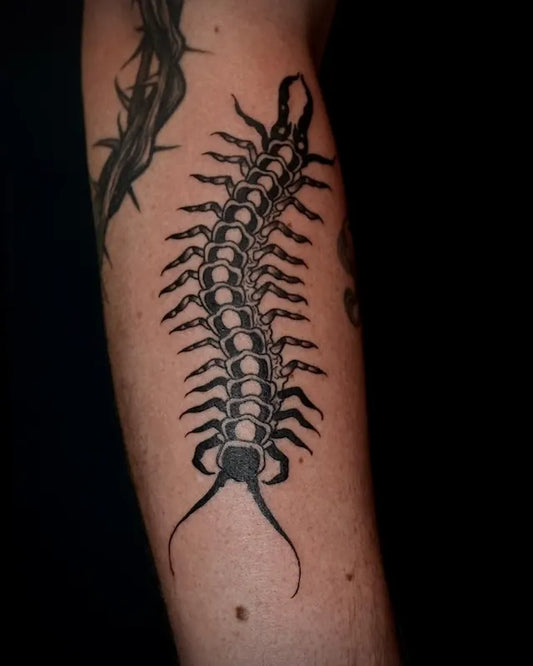 black and white traditional centipede tattoo on arm