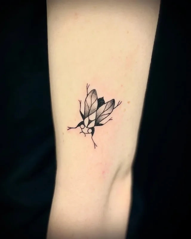 black and grey fly tattoo on arm