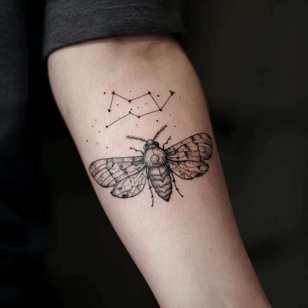 arm moth and constellation tattoo idea design