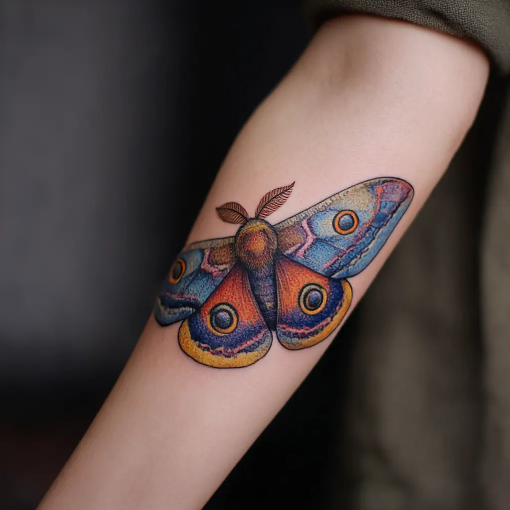 colorful emperor moth tattoo idea design