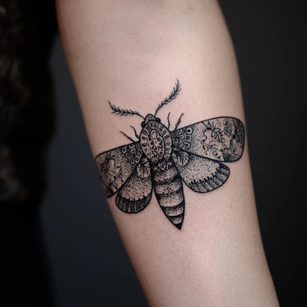 dotwork moth tattoo idea design