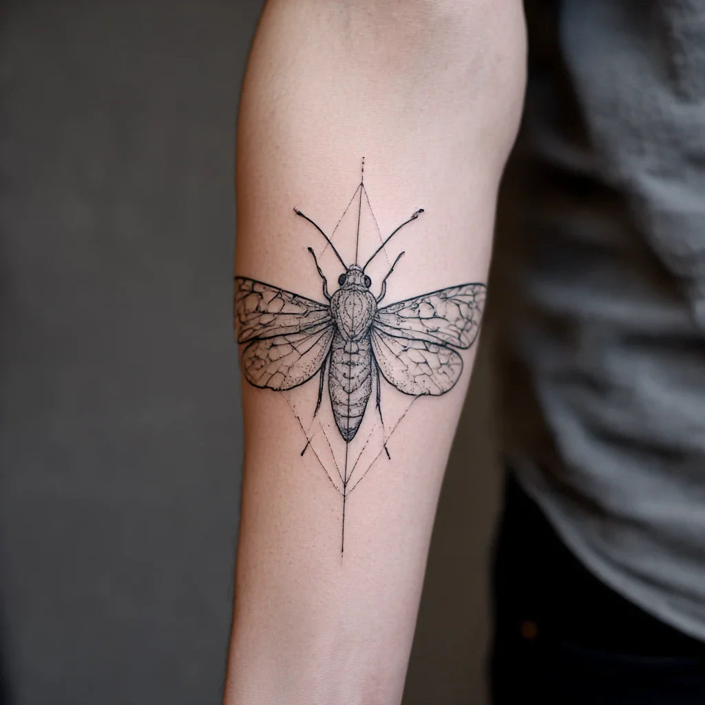 forearm moth line drawing tattoo idea design