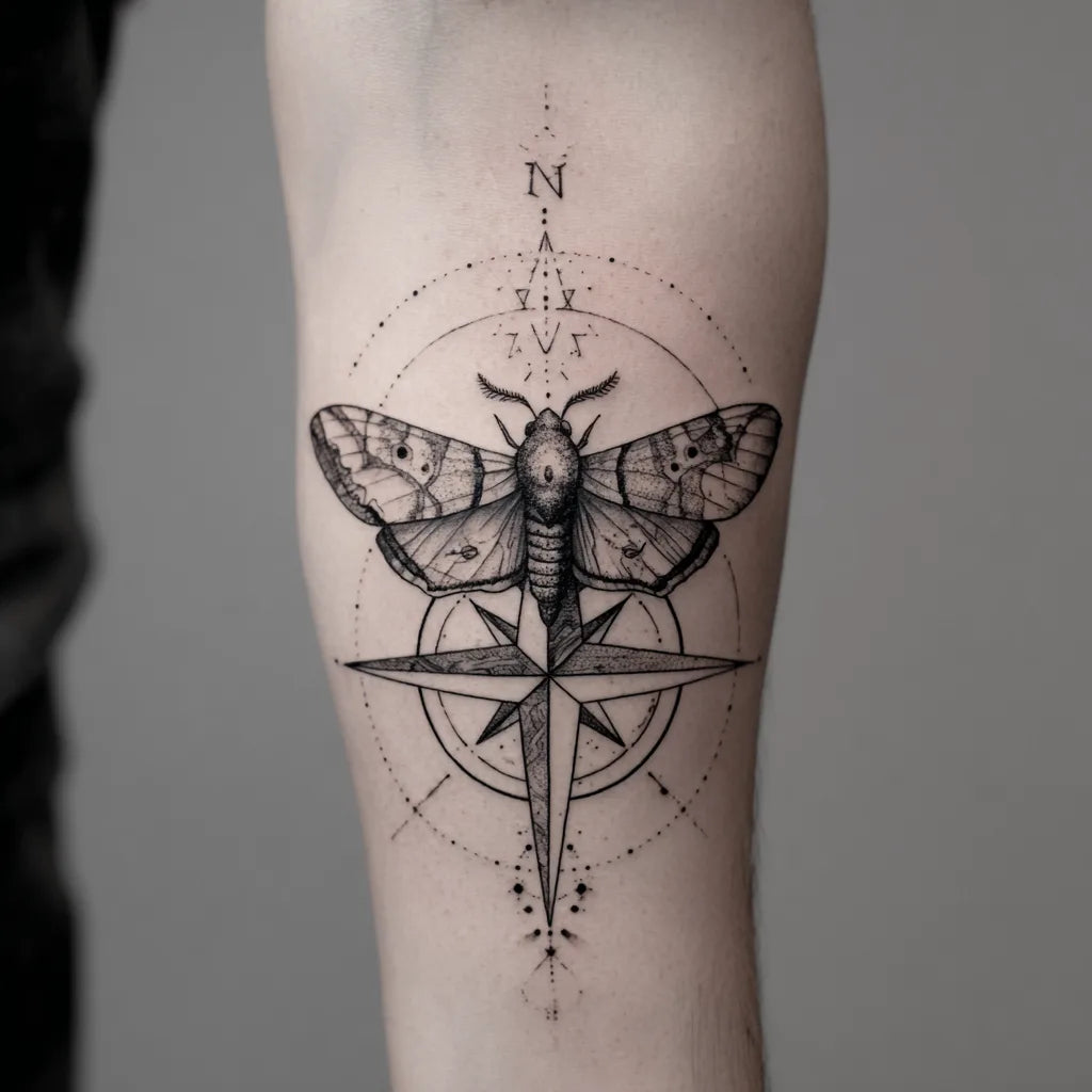 geometric moth compass tattoo idea design