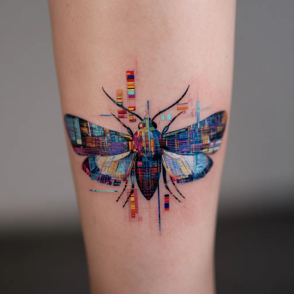 glitch art moth tattoo idea design