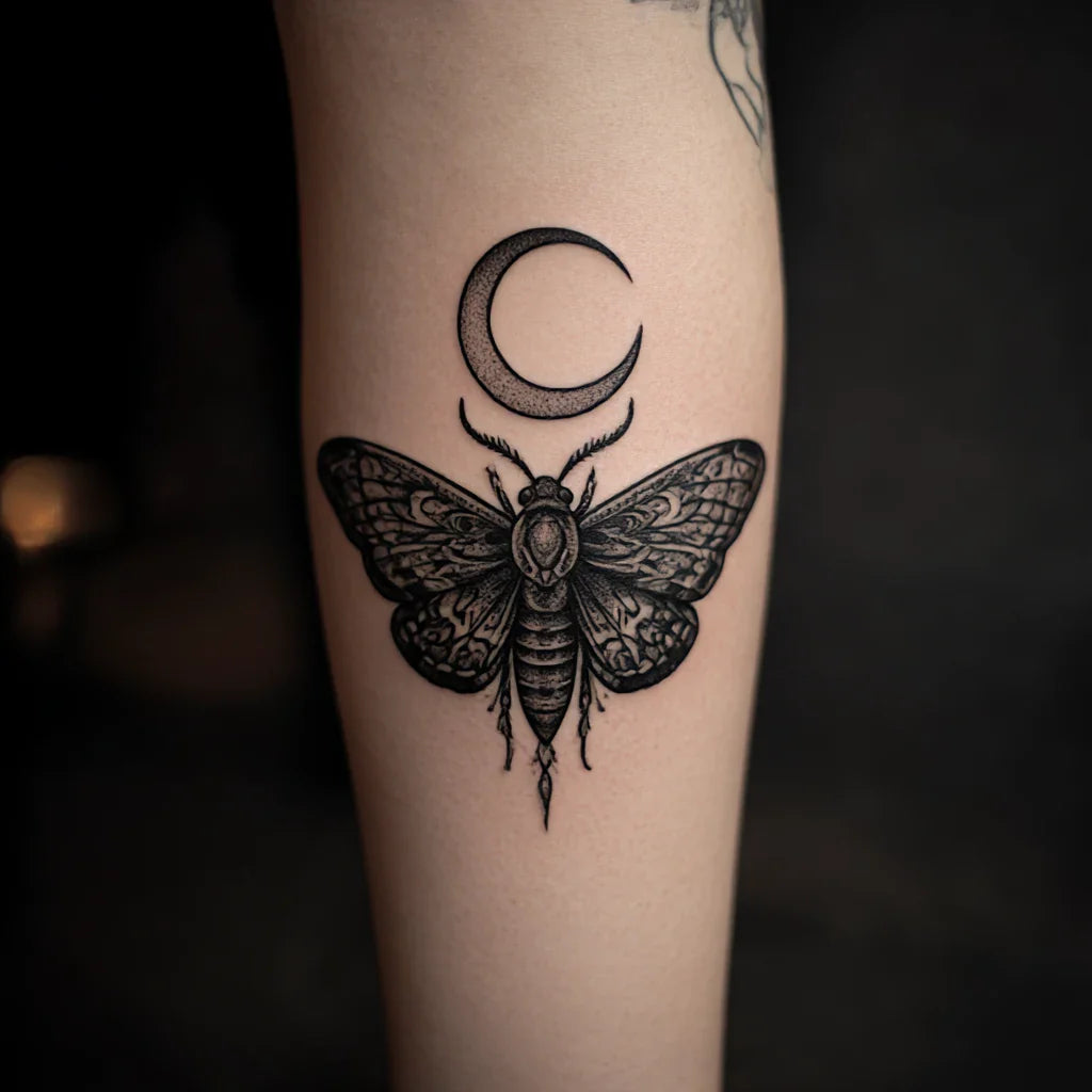gothic moth and moon tattoo idea design