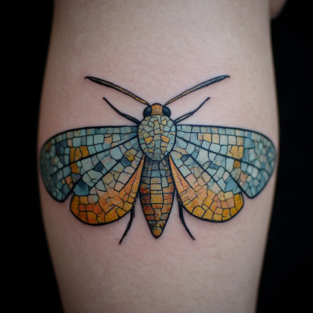 mosaic tile moth tattoo idea design