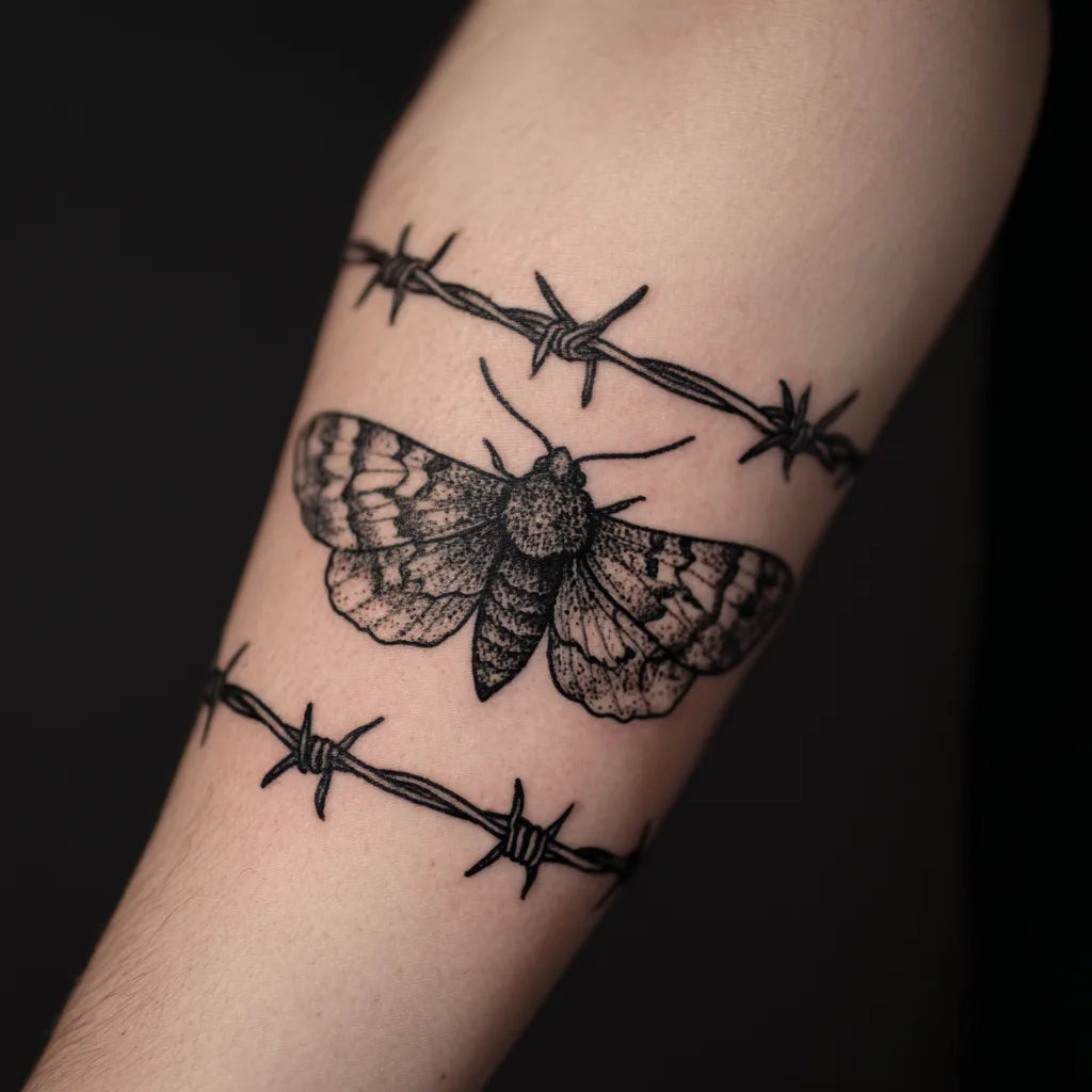 moth and barbed wire tattoo idea design