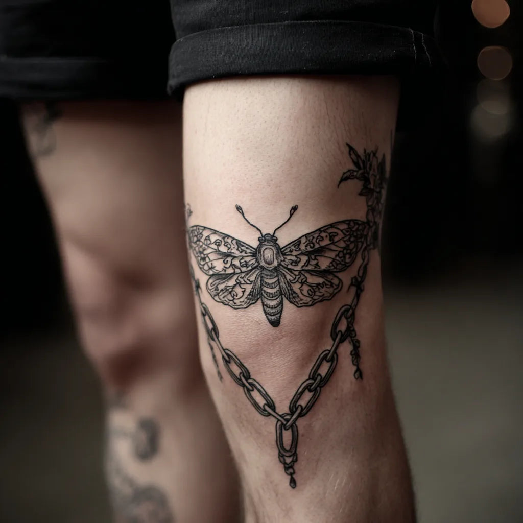 moth and chain knee tattoo idea design
