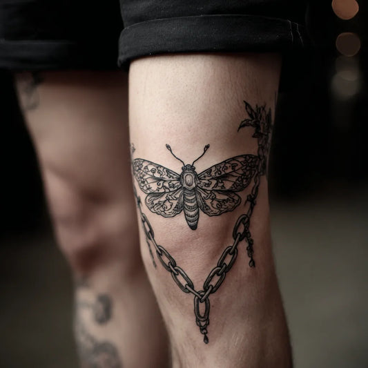 moth and chain knee tattoo idea design