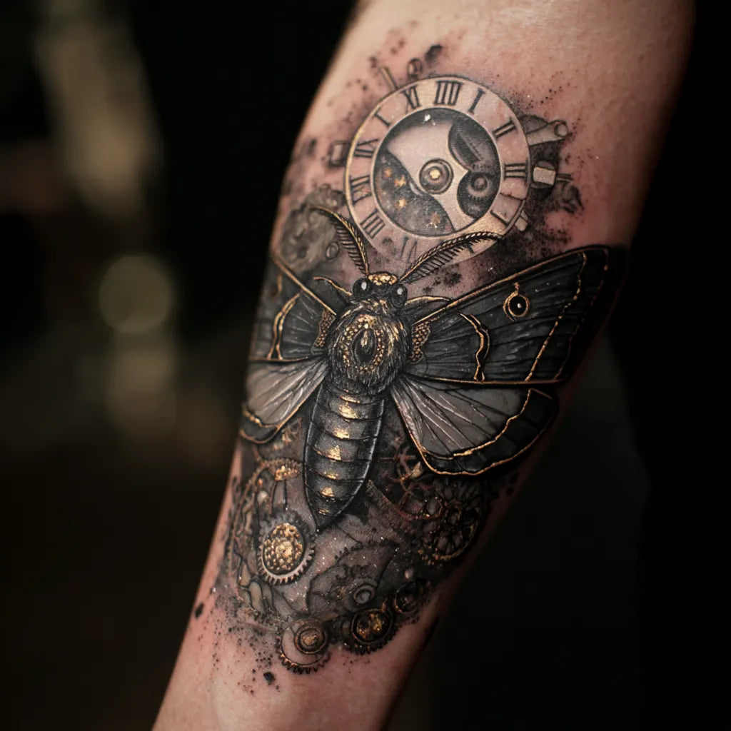 moth and clockwork tattoo idea design