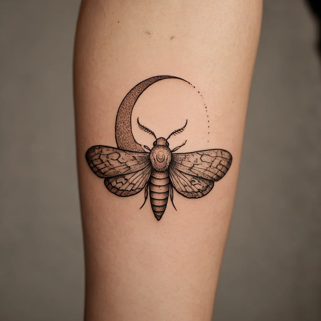 moth and crescent moon tattoo idea design