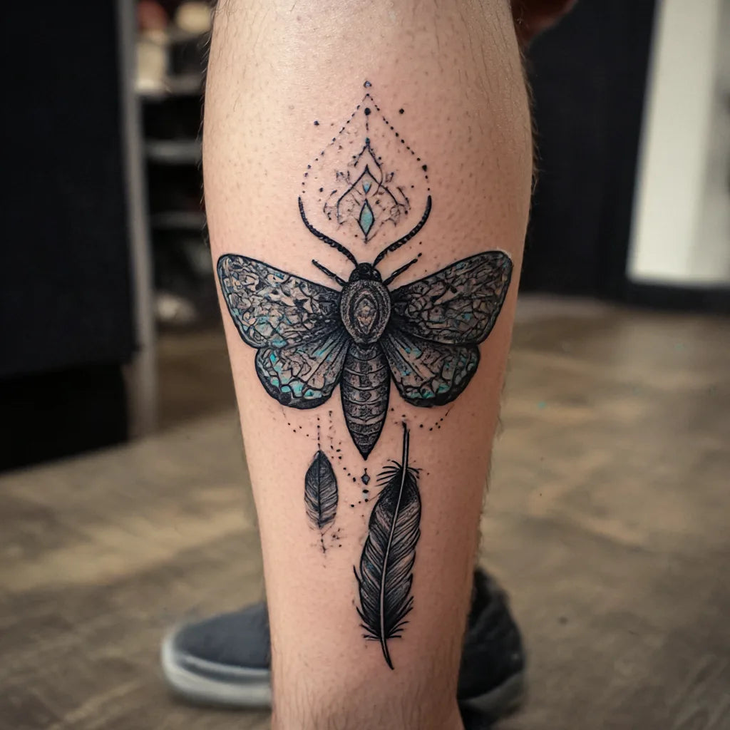 moth and feathers tattoo idea design