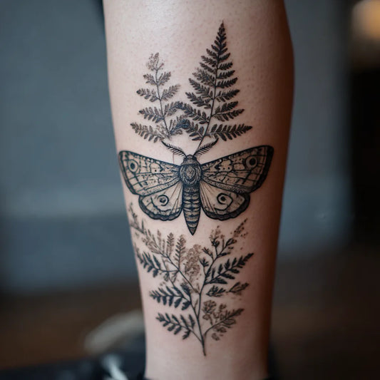 moth and fern tattoo idea design