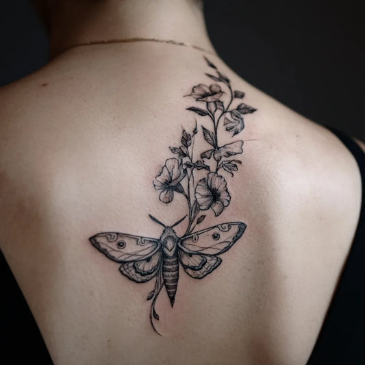 moth and flower vine tattoo idea design