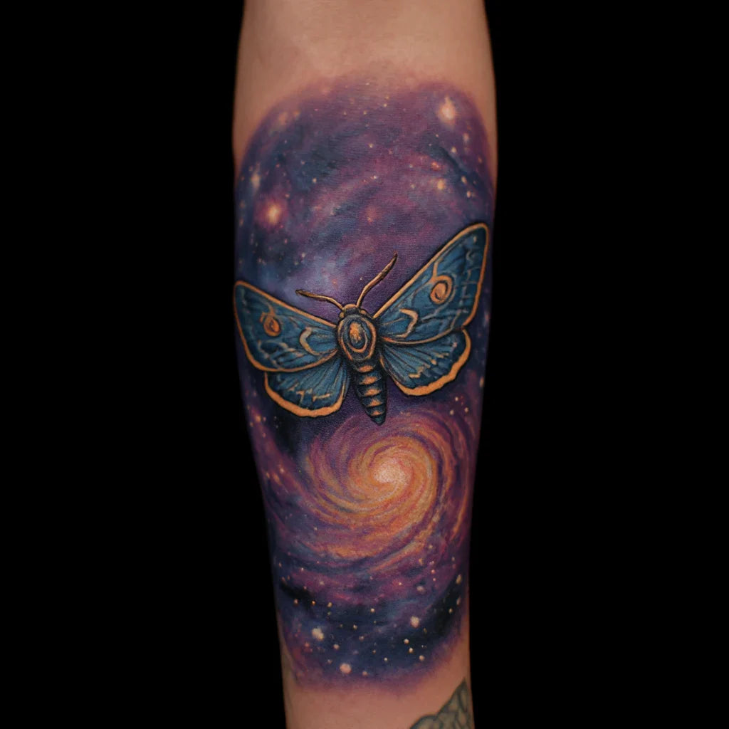moth and galaxy swirl tattoo idea design