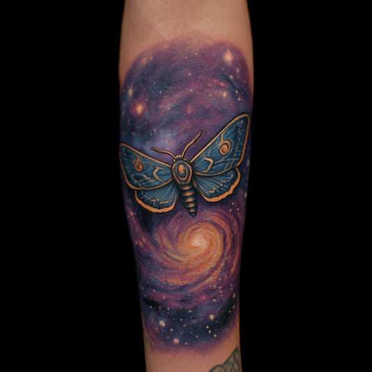 moth and galaxy swirl tattoo idea design