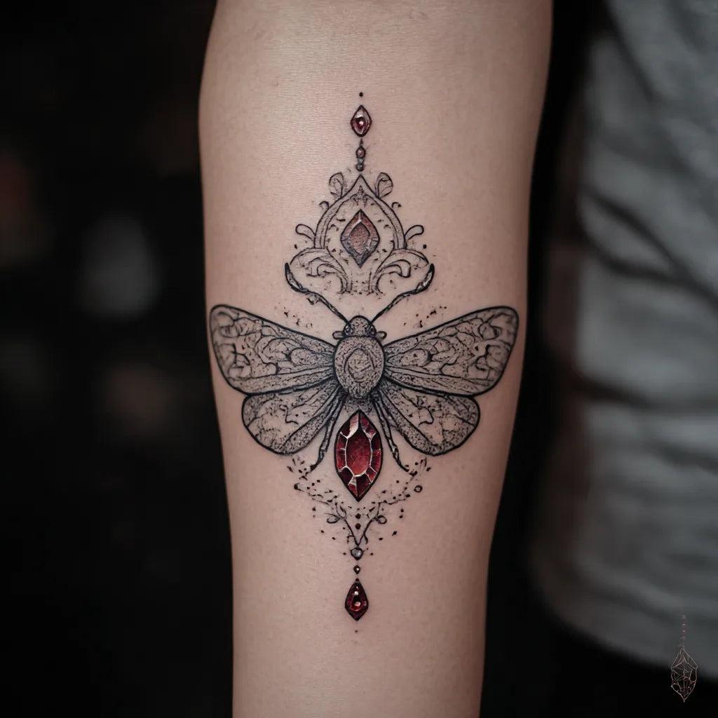 moth and gemstone tattoo idea design