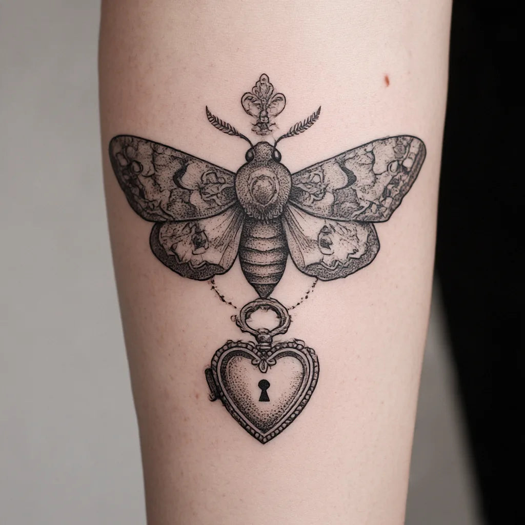 moth and heart locket tattoo idea design
